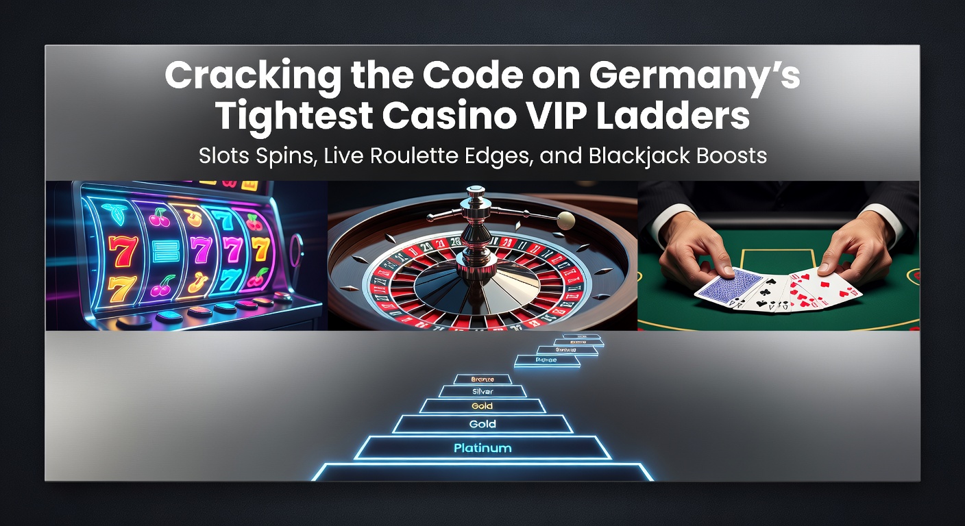 Grafik einer VIP-Leiter in einem deutschen Online-Casino mit Symbolen für Slots, Roulette und Blackjack, die steigende Stufen und Belohnungen zeigt