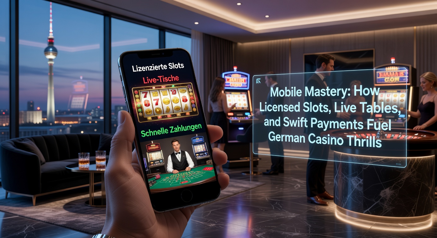 Smartphone mit farbenfrohen Slot-Maschinen und Live-Dealer-Tischen auf dem Bildschirm, umgeben von deutschen Flaggen und Eurosymbolen