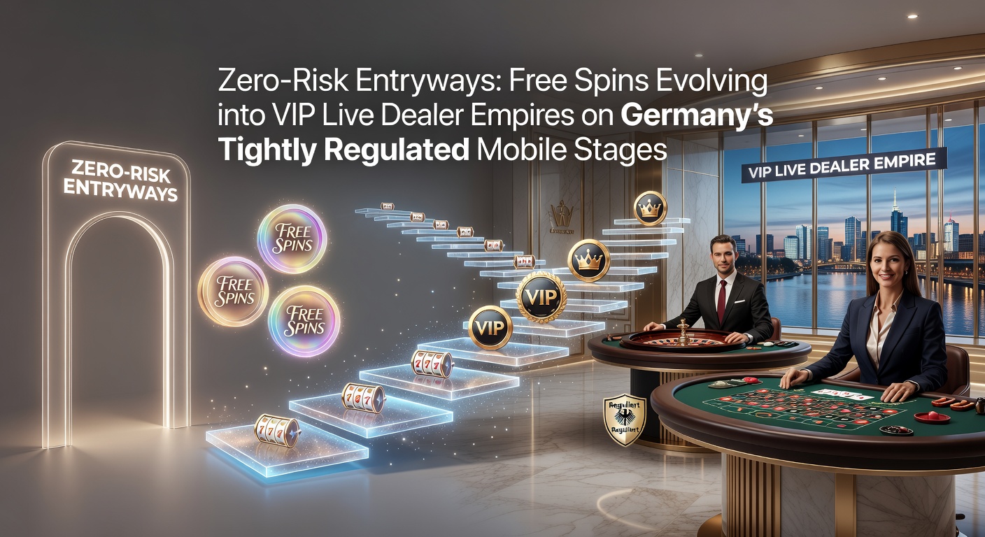 Grafik zeigt Free-Spins-Angebote, die nahtlos in VIP-Live-Dealer-Programme übergehen, mit mobilen Geräten im Vordergrund auf regulierten deutschen Plattformen